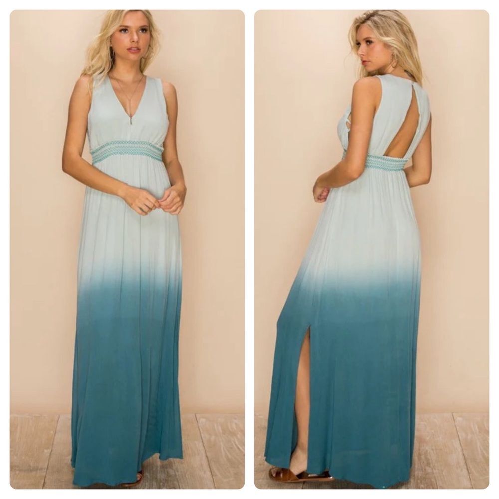 Boutique green dip dye backless smocked empire waist maxi dress size small NWT